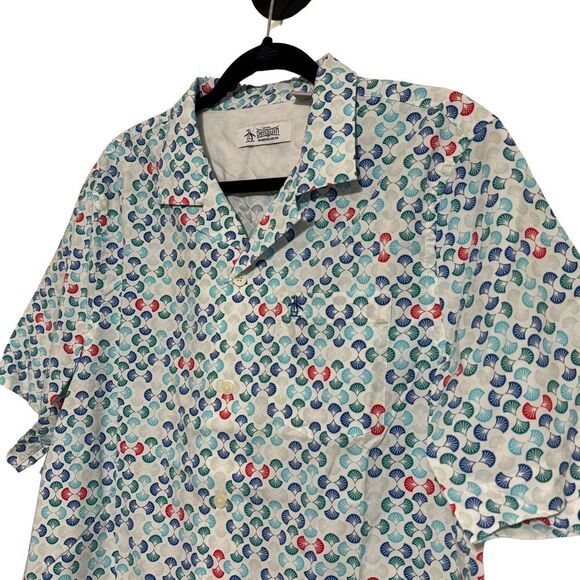 PENGUIN Mens Short Sleeve Button Down Stretch Geometric Casual Shirt NWT Medium - Picture 2 of 9